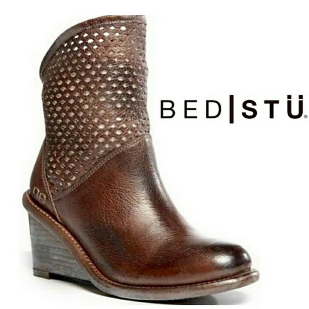 BED STU | Dutchess Teak Rustic Wedge Leather Ankle Boot Bootie Sz 8.5